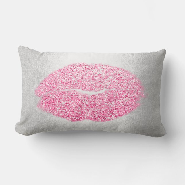Läppar Glitter Grått Candy Rosa Makeup Kiss Silver Lumbarkudde (Framsida)