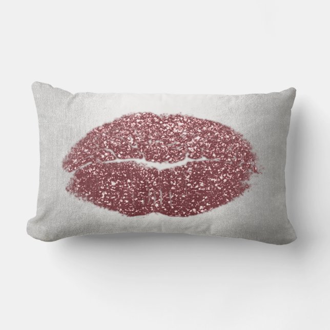 Läppar Glitter Grått  Maroon  Makeup Kiss Silver Lumbarkudde (Framsida)