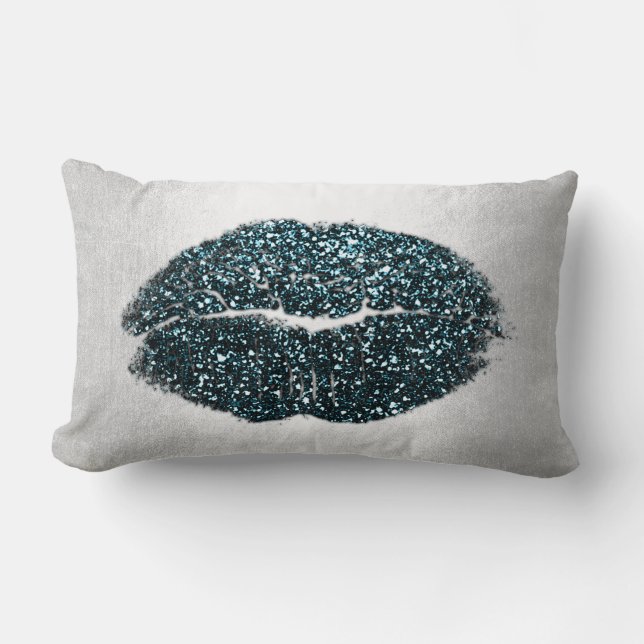 Läppar Glitter Grått Teal Black Makeup Kiss Himlar Lumbarkudde (Framsida)