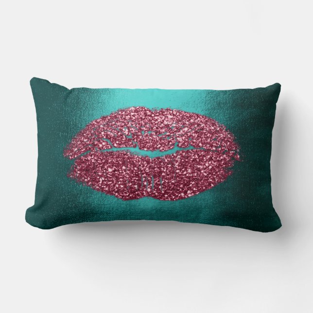 Läppar Glitter Maroon Teal Burgundy Makeup Kiss Lumbarkudde (Framsida)