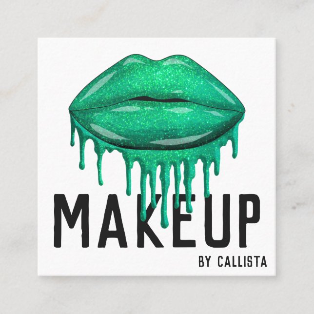Läppar Makeup, Glamous Sparkly Grönt Glitter Drips Fyrkantigt Visitkort (Framsida)