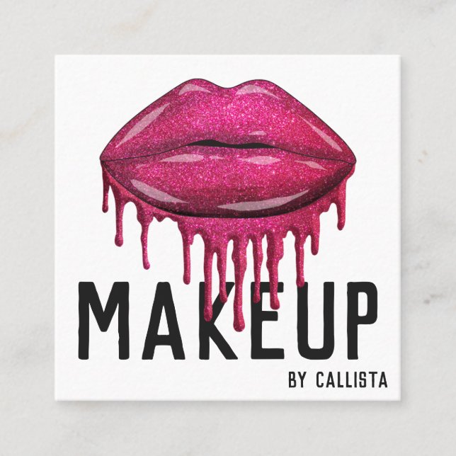 Läppar Makeup Glamous Sparkly Rosa Glitter Drips Fyrkantigt Visitkort (Framsida)