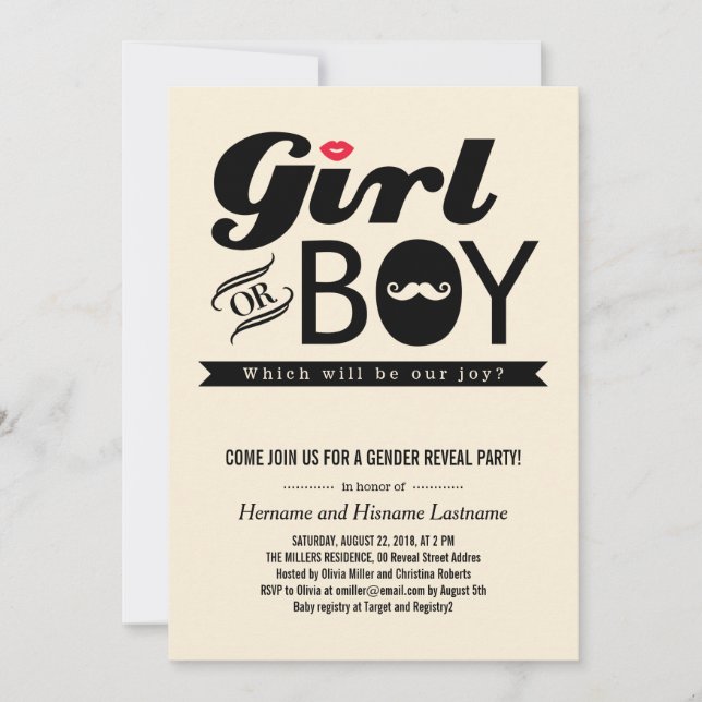 Läppar och Mustache Baby Gender Reveal Party Inbju Inbjudningar (Framsida)