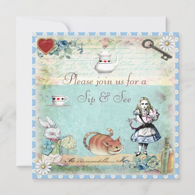 Läppja & se vintage Alice i underlandbaby shower Inbjudningar (Framsida)