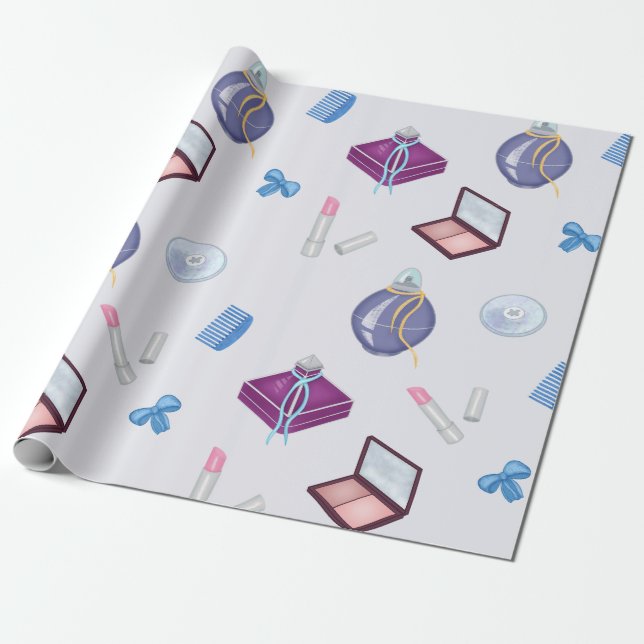 Läppstift, kam och puderburk, rouge, parfym  presentpapper (Utrullad)