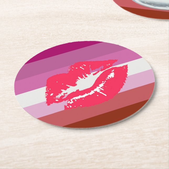 Läppstift Lesbisk Pride Flagga Underlägg Papper Rund (Vinklad)