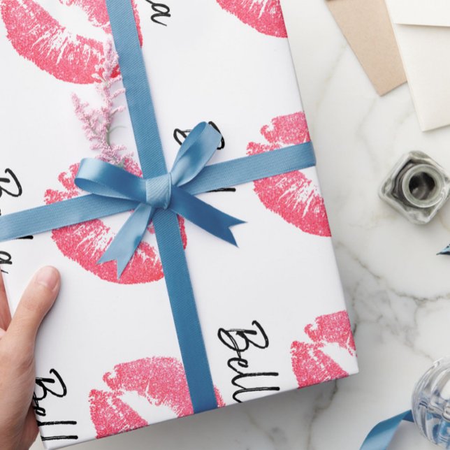 Läppstiftstryck rosa läppstiftsskrift svart vit sö presentpapper (Skapare uppladdad)