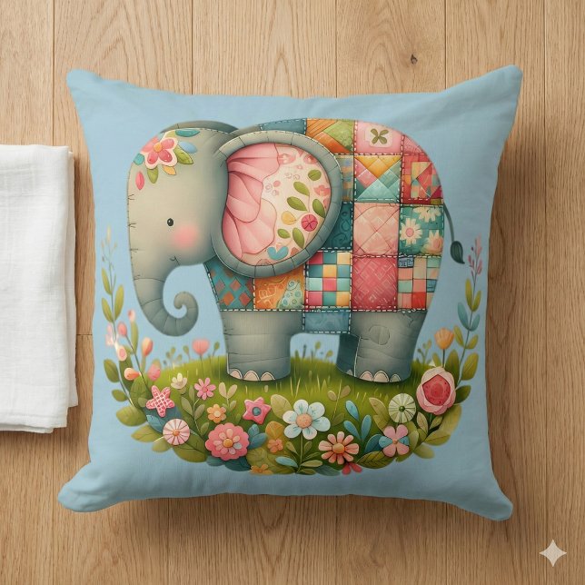 Lappteknik Elefant Blommig Ängs Charm Kudde (Patchwork Elephant Floral Meadow Charm Throw Pillow Mockup A)