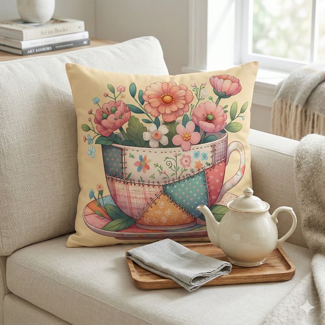Lappteknikstekopp med fantasifulla blommor kudde (Patchwork Teacup with Whimsical Flowers Throw Pillow Mockup A)