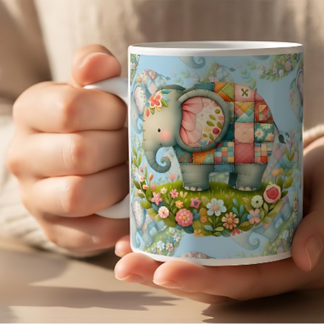 Lappverk Elefant Blommig Ängs Charm Kaffemugg (Patchwork Elephant Floral Meadow Charm Coffee Mug)
