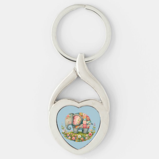 Lappverk Elefant Blommig Ängs Charm Twisted Heart Silverfärgad Nyckelring (Framsidan)