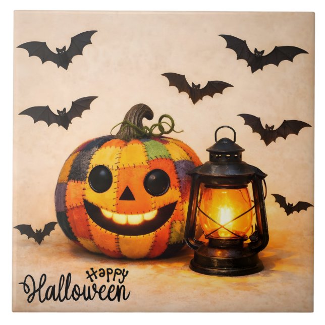 Lappverk Halloween-pumpa med lykta  Kakelplatta (Framsidan)