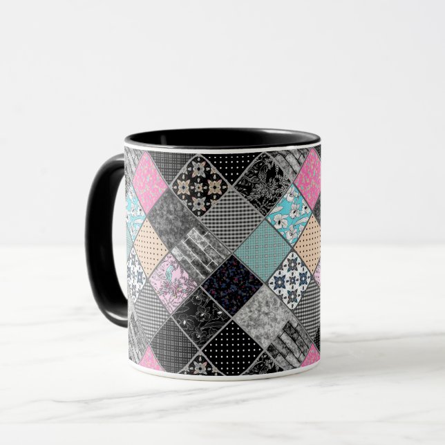 Lappverk retro vintagefärger lappteknik quiltning mugg (Framsida vänster)