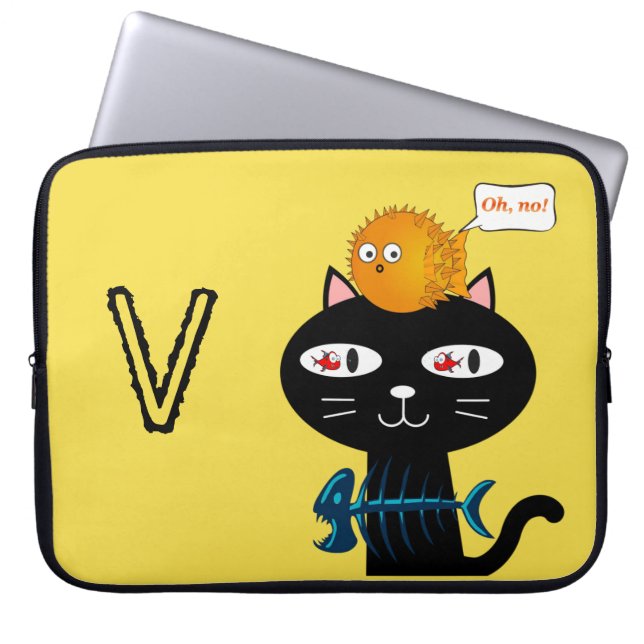 Laptop sleeve Black Cat Fish Bones Gult (Framsidan)