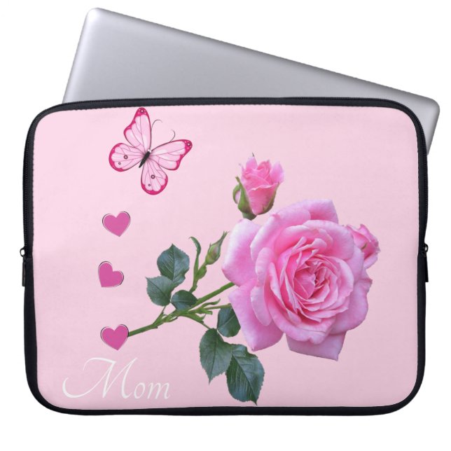 Laptop sleeve Blommigt Butterfly Rosa ros Hearts (Framsidan)