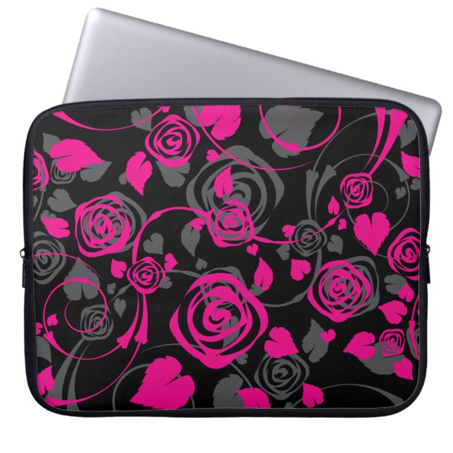 Laptop sleeve för svart & rosa blommigt för (Framsidan)