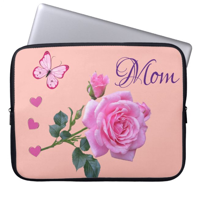 Laptop sleeve Rosa ros Butterfly Hearts (Framsidan)