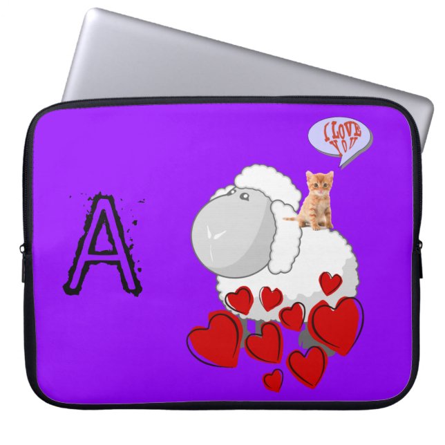 Laptop sleeve Sheep Red Hearts Kitten (Framsidan)