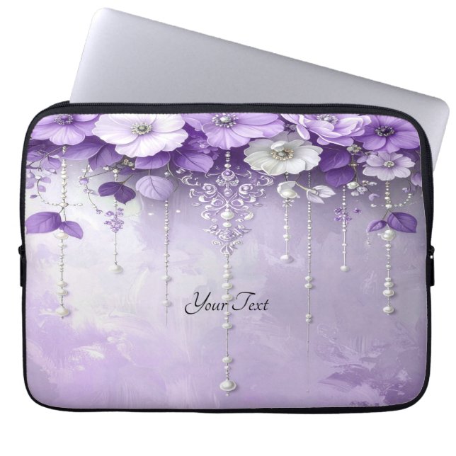 Laptopfodral med lila blommor och dinglande pärlor laptop fodral (Framsidan)