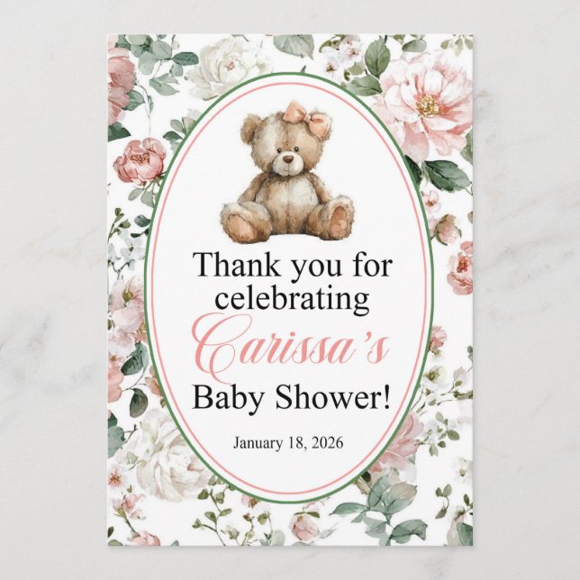 LAQUITA teddy bear Baby Shower sign for Carissa Inbjudningar (Framsida)