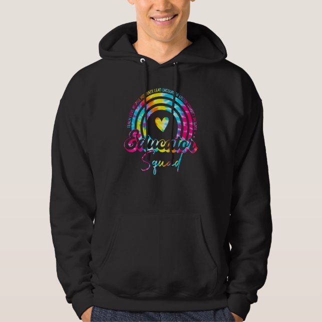 Lär Kärlek Tie Dye Regnbåge Lärare Squad Tillbaka  Hoodie (Framsida)