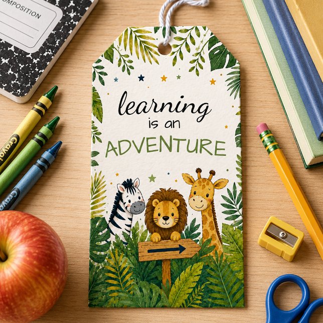 Lärande är en äventyrs skola presentetikett (Learning is an Adventure editable favor tag)