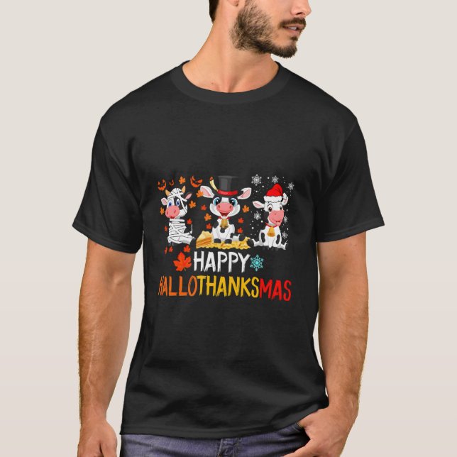 Lårande Cute Cows Lycklig Hallothanksmas T Shirt (Framsida)