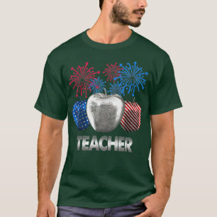 Lärare Apple Firework American Flagga T-Shirt
