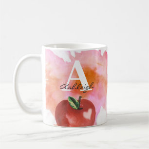 Lärare Apple Heart Monogram Namn Red Rosa Kaffemugg