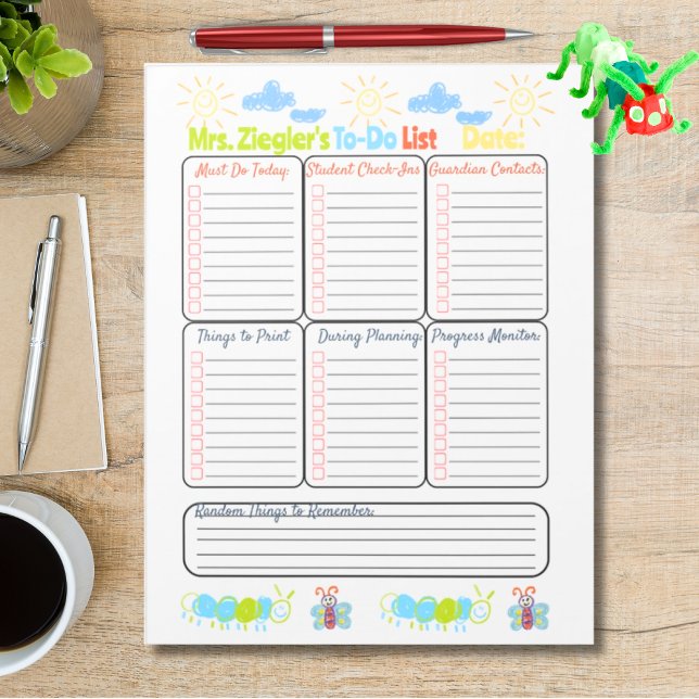 Lärare att göra lista personlig kräftkonst anteckningsblock (Fully Customizable Personalized Teacher To Do List with crayon drawings for elementary teacher)