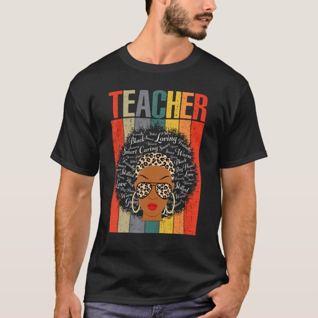Lärare Black History Month Leopard Messy Bun Afri T Shirt (Framsida)