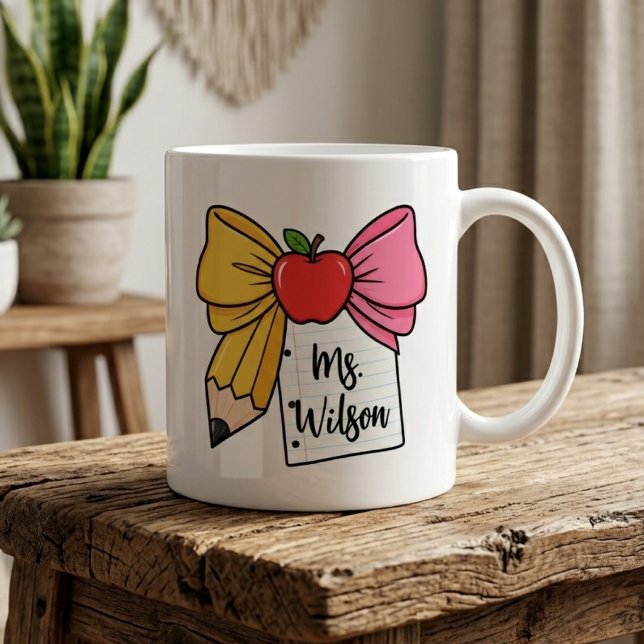 Lärare Böj Penna Böj Tillbaka till skolan Personli Kaffemugg (Teacher Bow Mug, Teacher Appreciation Mug, Back to School Teacher Mug, Teacher Graduation Mug)