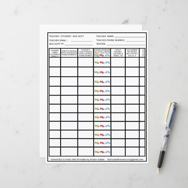 Lärare Buss Duty Driver Pickup Student List (Fram/Back In Situ)