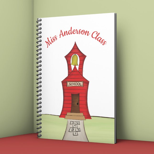 Lärare Colorful Cute Whimsical School Class Anteckningsbok (Personalized teacher notebook with red schoolhouse and hopscotch illustration for classroom notes.)