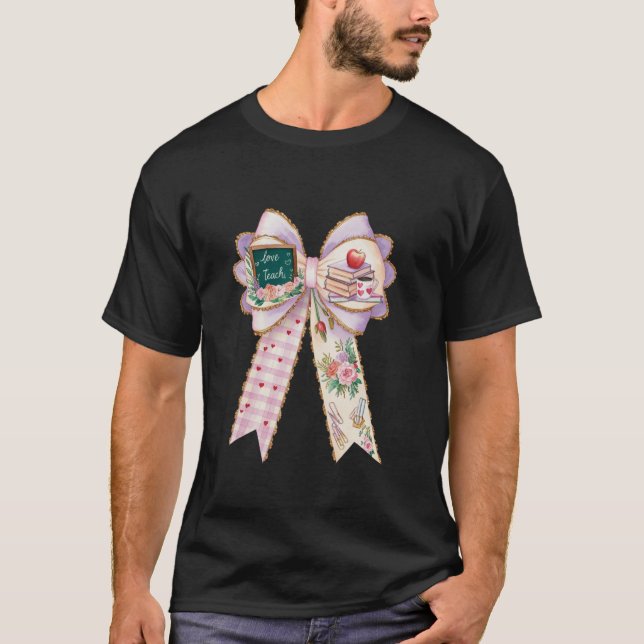 Lärare Coquette Bow and Apple Teacher Appreciation T Shirt (Framsida)
