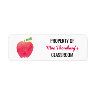 Lärare Egendom i Classroom Watercolor Red Apple Returadress Etikett