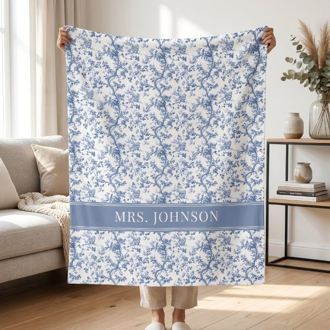 Lärare | Elegant kineseri blå blombrud Fleecefilt (mother’s day gift, teacher appreciation, bridal shower gift, new mom gift, baby shower gift)