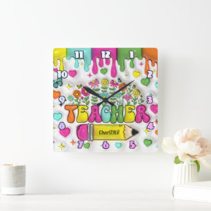 Lärare: Färgfull, Blommigt, inspirerande design Fyrkantig Klocka