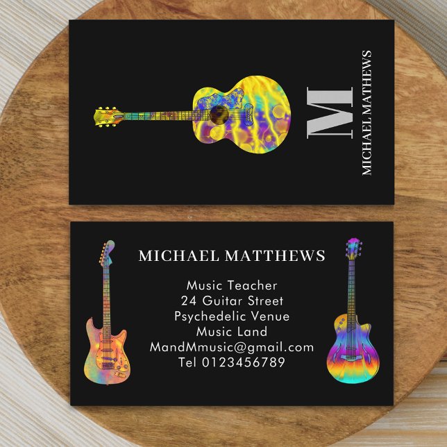 Lärare för akustisk guitarmusik, magasin Monogram Visitkort (Modern guitar music tutor professional musician black Business card Guitarist music teacher)