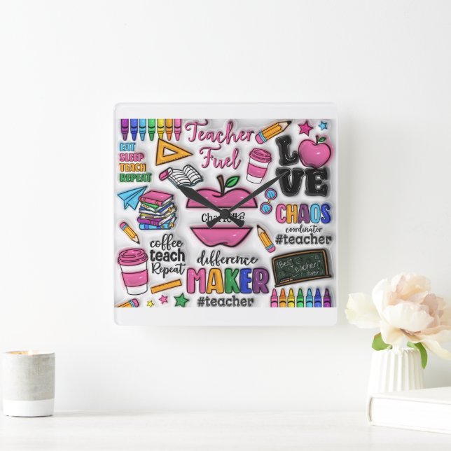 Lärare: Fuel, Kärlek, Inspire, Repeat Fyrkantig Klocka (Hem)