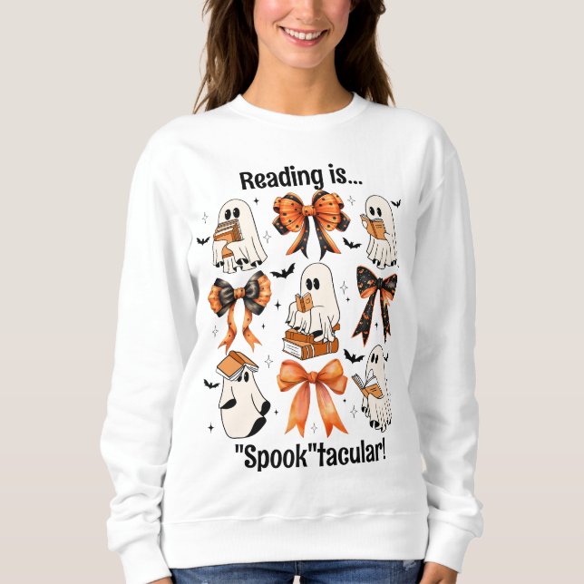 Lärare Halloween Coquette Bows and Reading Spöken T Shirt (Framsida)