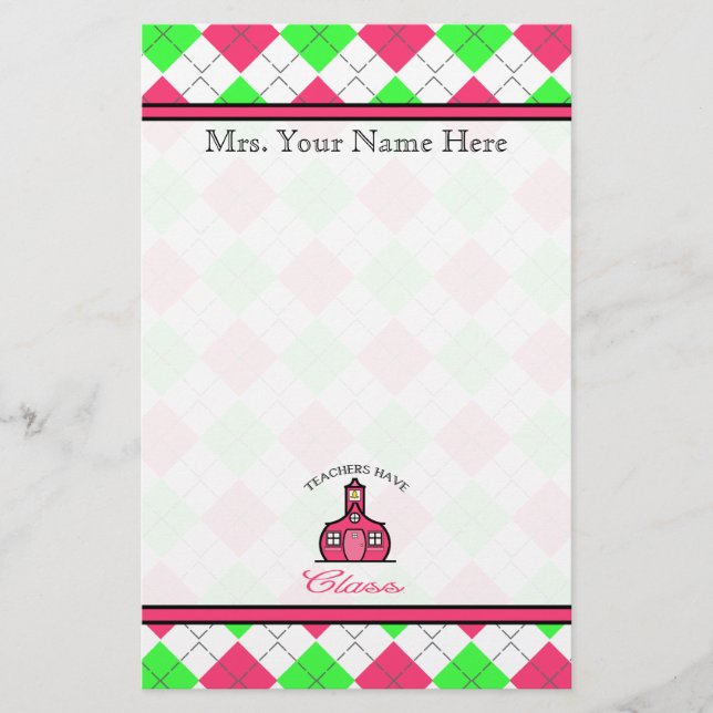 Lärare har klass - Rosa och Grönt Argyle Brevpapper (Framsida)