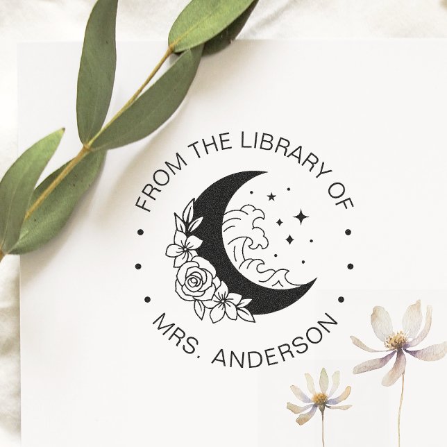 Lärare i blommigt Måne Vågar Bok Bibliotek Självfärgande Stämpel (Skapare uppladdad)