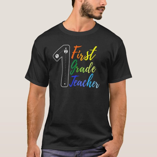 Lärare i första klass & barn i färgglada tillbaka  t shirt (Framsida)