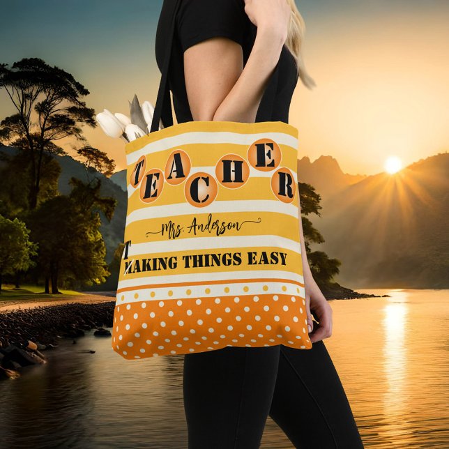 Lärare i Orange Rand Polka dots Tygkasse (A cheerful and funny teacher tote bag featuring an orange ocher design with stripes and polka dots)