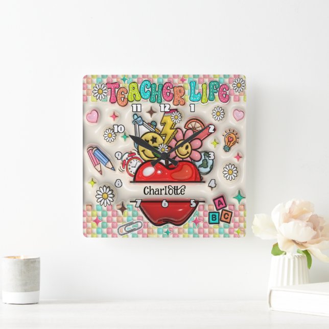 Lärare: Inspire, Grow, Hearts, Minds Fyrkantig Klocka (Hem)