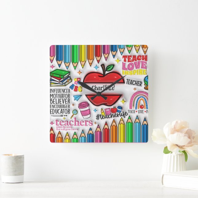 Lärare: Inspire, Grow, Minds, Hearts Fyrkantig Klocka (Hem)