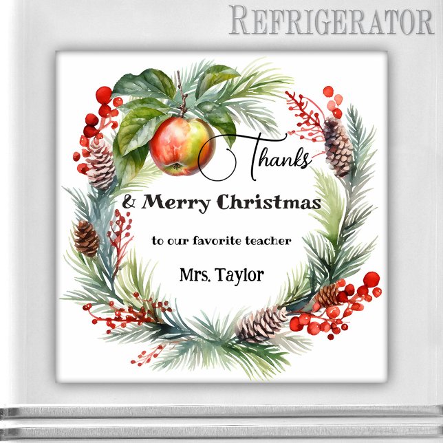 Lärare jul-Tacken Magnet (Magnet featuring a watercolor Christmas holiday wreath with an apple. Thank You teacher gift)
