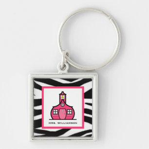 Lärare Keychain - zebra tryck & rosor Fyrkantig Silverfärgad Nyckelring