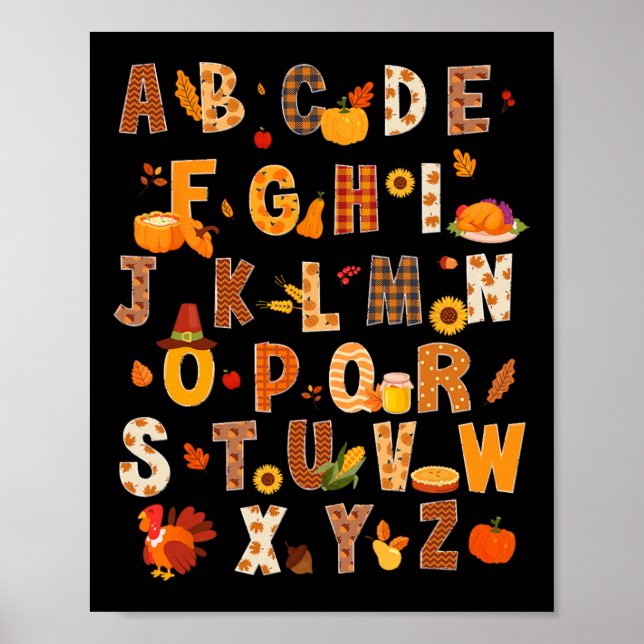 Lärare Kids Alphabet Turkey Pumpkin Höst tack Poster (Framsidan)
